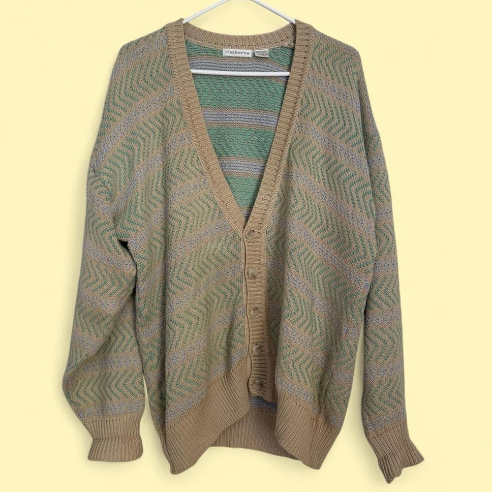 Vintage Claiborne Tan and Green Cardigan